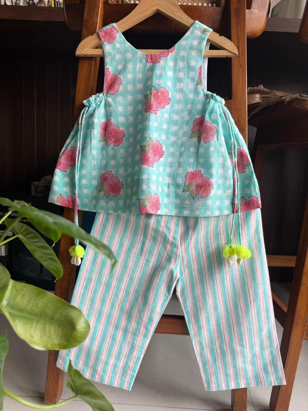 Girls Cotton Co-ord Set - Blue Hibiscus Print