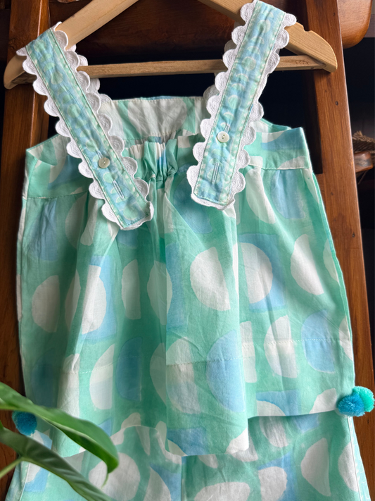 Girls Cotton Linen Co-ord Set - Green Circle Print