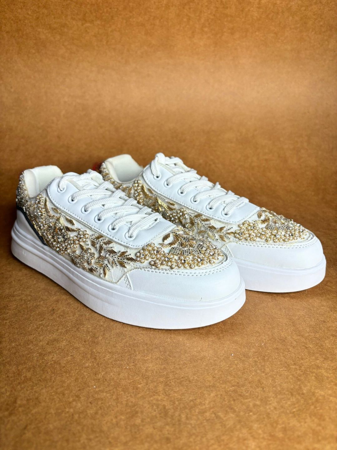 Gold Pearl Work Designer Flat Sneakers