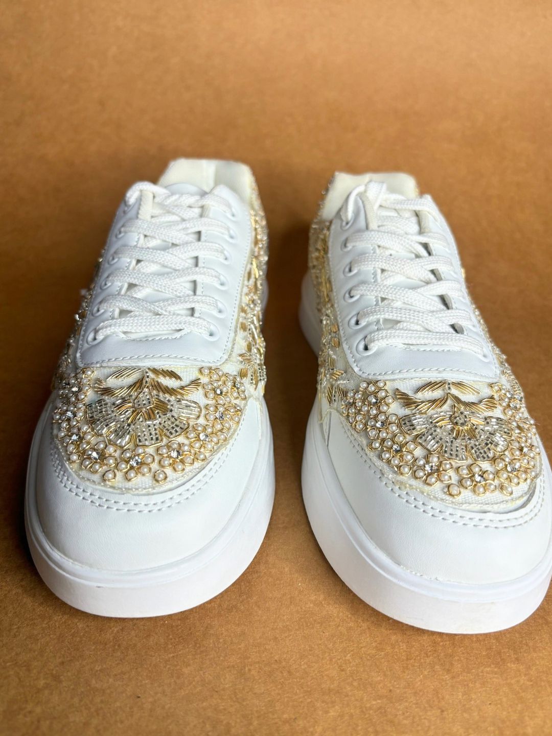 Gold Pearl Work Designer Flat Sneakers