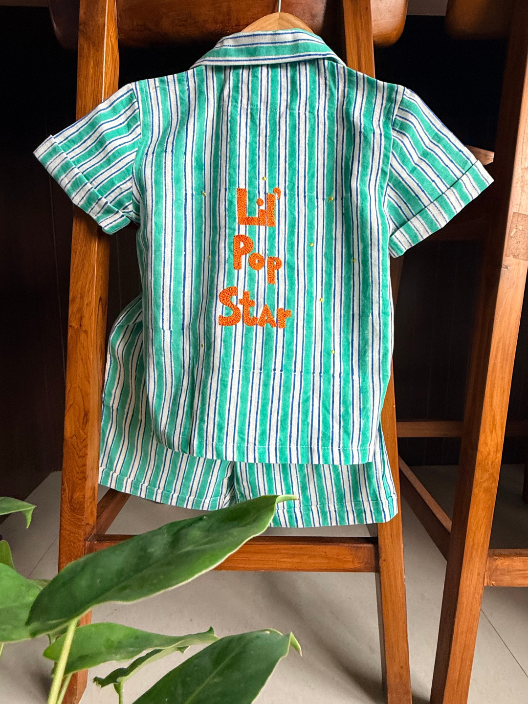 Kids Cotton Linen Co-ord Set - Green Striped Print