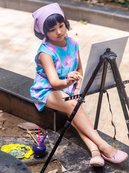 Girls Cotton Linen Jumpsuit - Blue Heart Print
