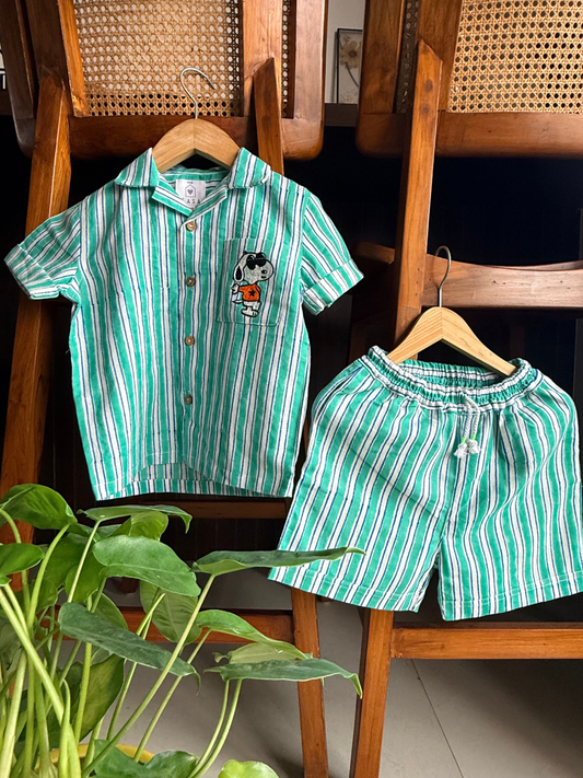 Kids Cotton Linen Co-ord Set - Green Striped Print