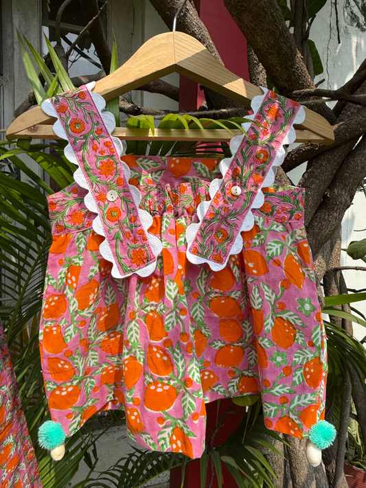 Girls Cotton Linen Co-ord Set - Orange Lemon Print