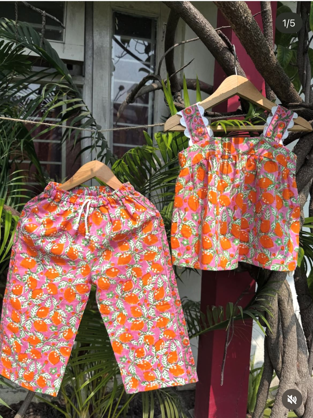 Girls Cotton Linen Co-ord Set - Orange Lemon Print