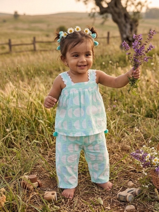 Girls Cotton Linen Co-ord Set - Green Circle Print