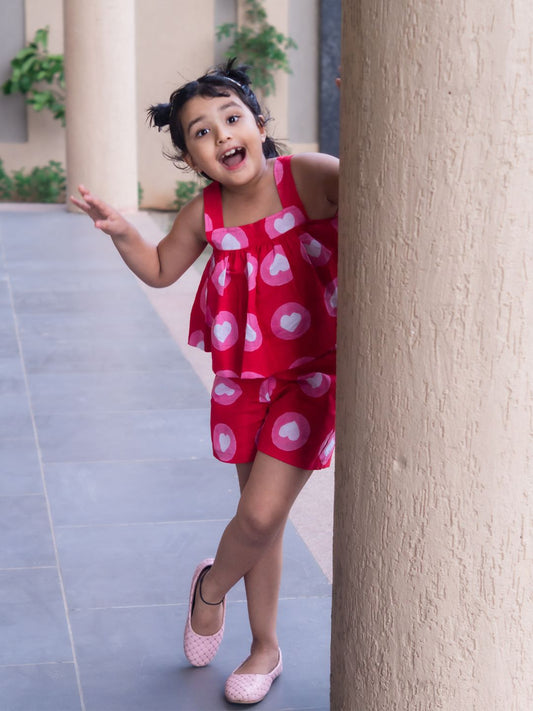 Girls Cotton Linen Top and Shorts Set - Red Heart