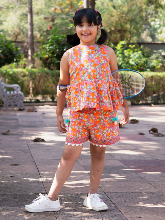Girls Cotton Linen Top and Shorts Set - Pink and Orange Lemon