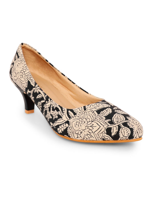 Black Kalamkari Print Kitten Heels