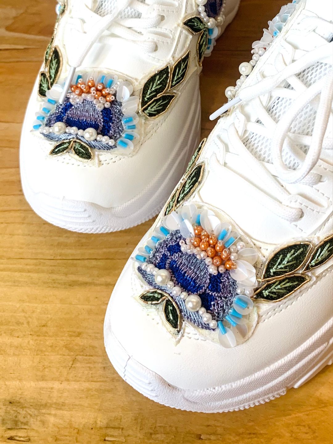 Blue Hand Embroidered Designer Sneakers