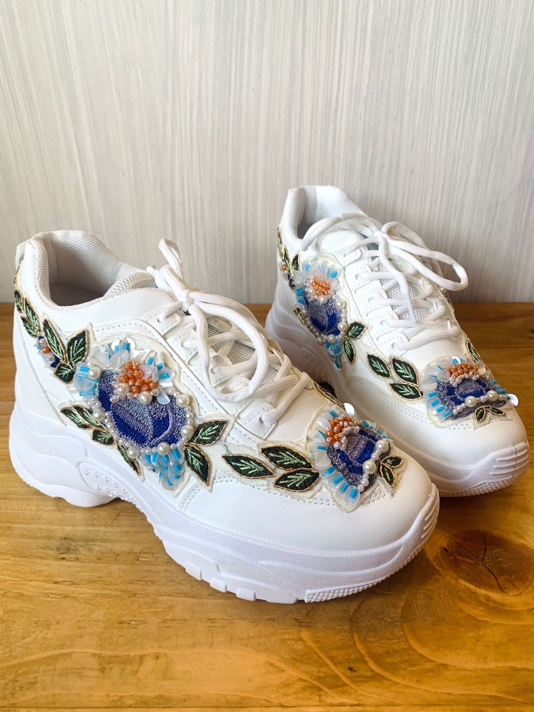 Blue Hand Embroidered Designer Sneakers