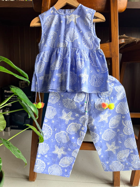 Girls Cotton Linen Co-ord Set - Periwinkle Starfish Print