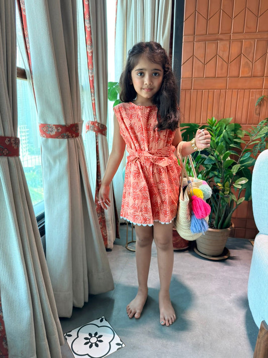 Girls Cotton Linen Jumpsuit - Orange Bird Print