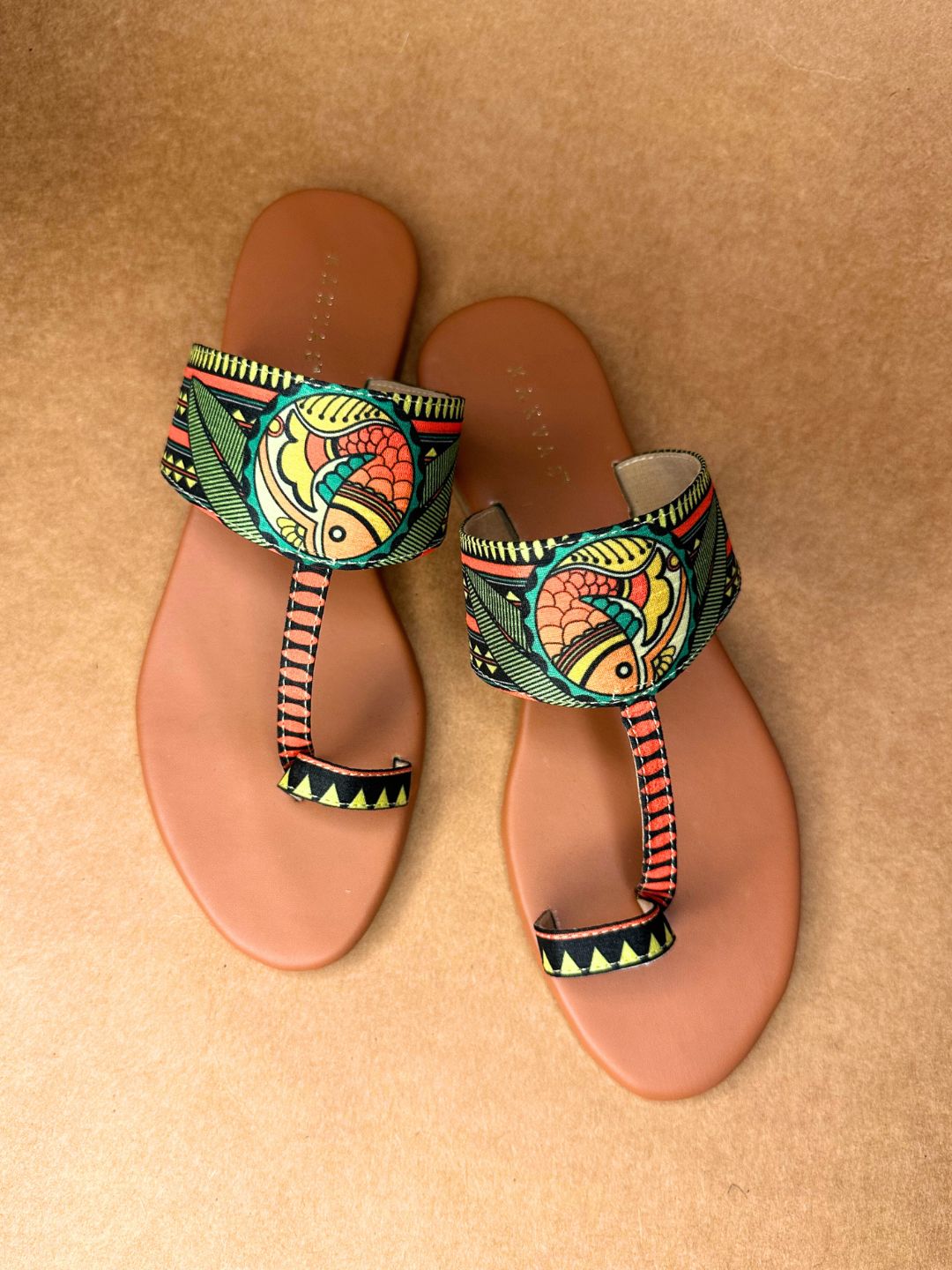 Green & Red Print Kolhapuri Chappals