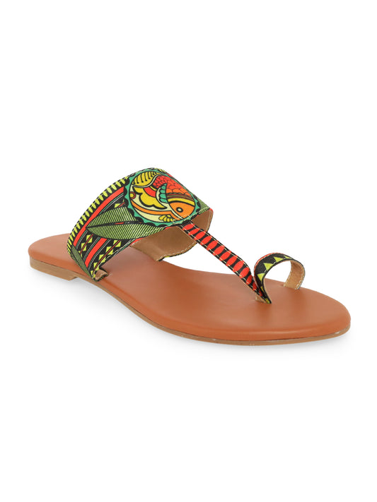 Green & Red Print Kolhapuri Chappals