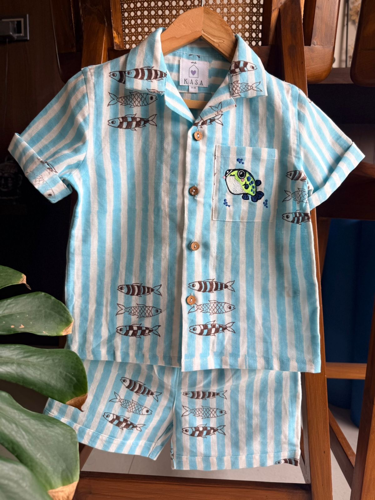 Kids Cotton Linen Co-ord Set - Blue Striped Fish Print