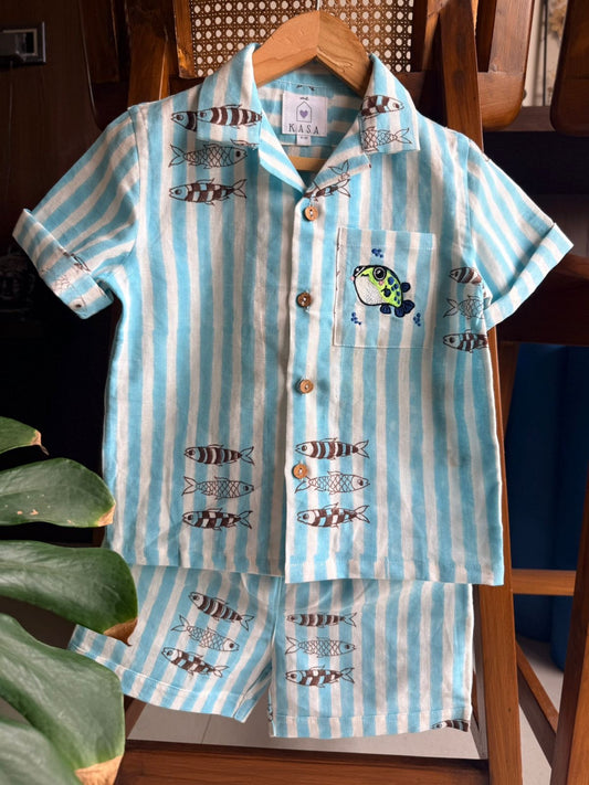 Kids Cotton Linen Co-ord Set - Blue Striped Fish Print