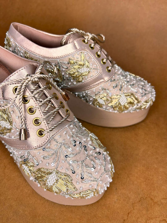 Rose Gold Embroidered High Wedge Sneakers