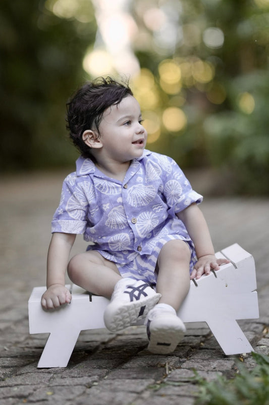 Kids Cotton Linen Co-ord Set - Periwinkle Starfish Print