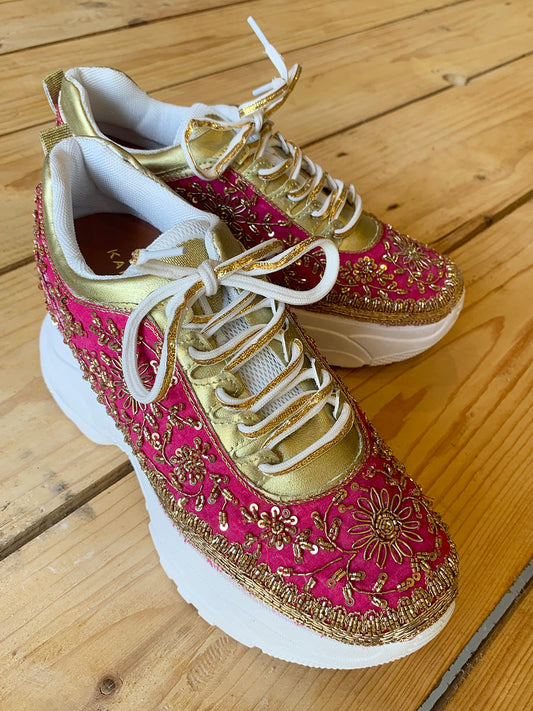 Intricately Crafted Magenta Zardozi Sneakers