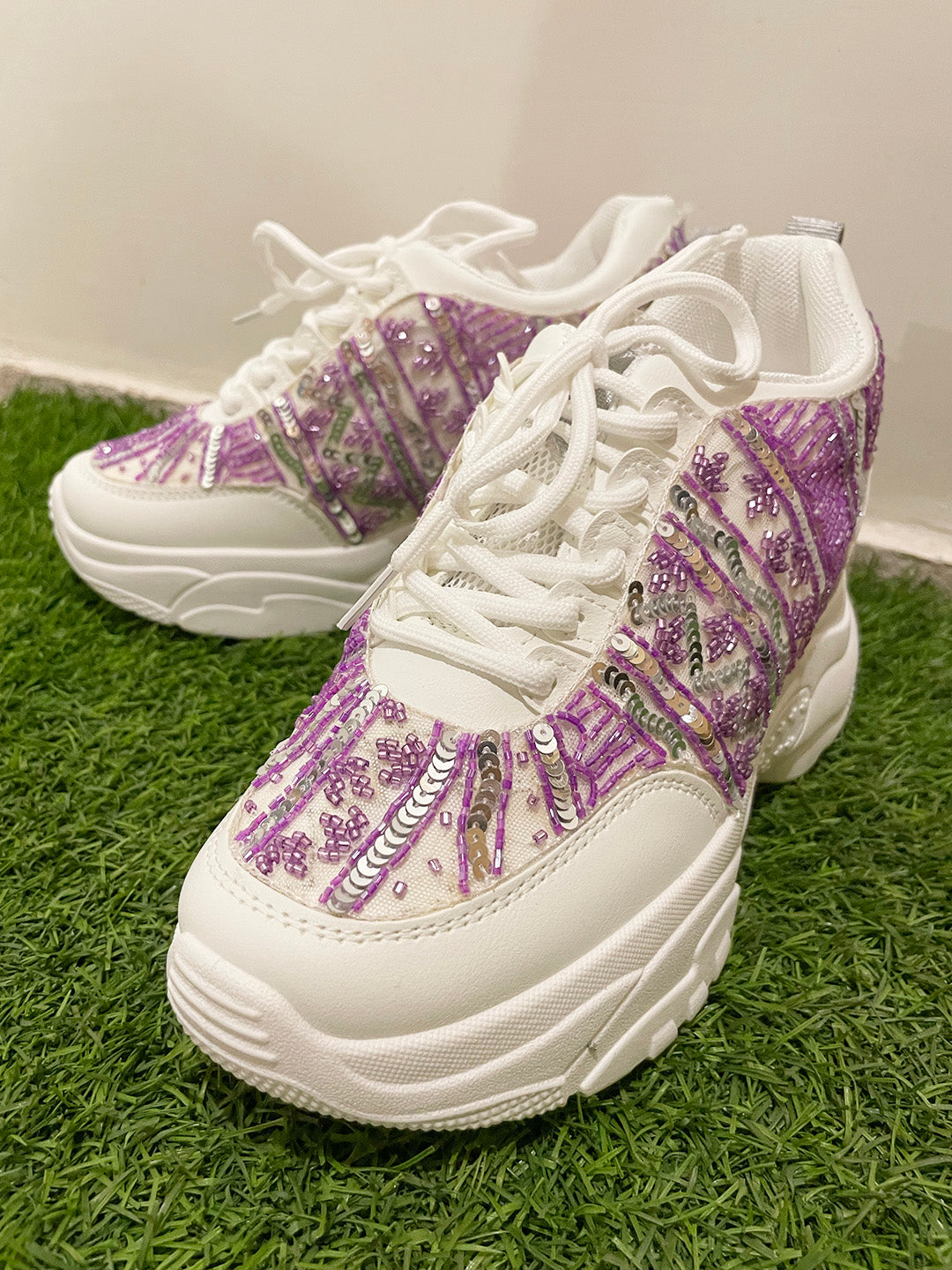 Lavender and Silver Sequins Custom Kanvas Sneakers